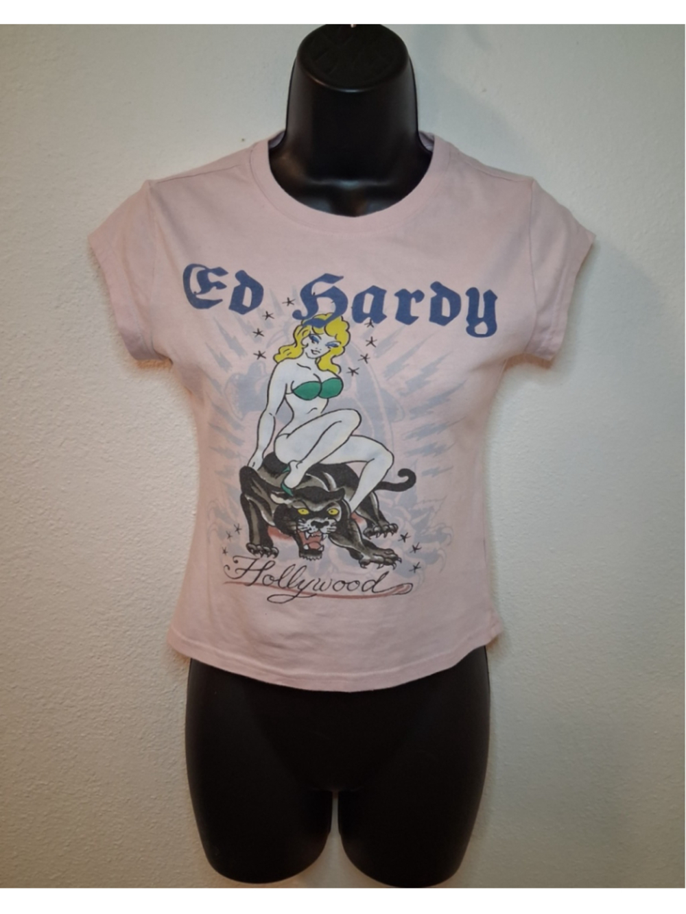 Ed Hardy Women's Small Baby Doll T-shirt Pink Hollywood Pin Up Tattoo Slim Fit